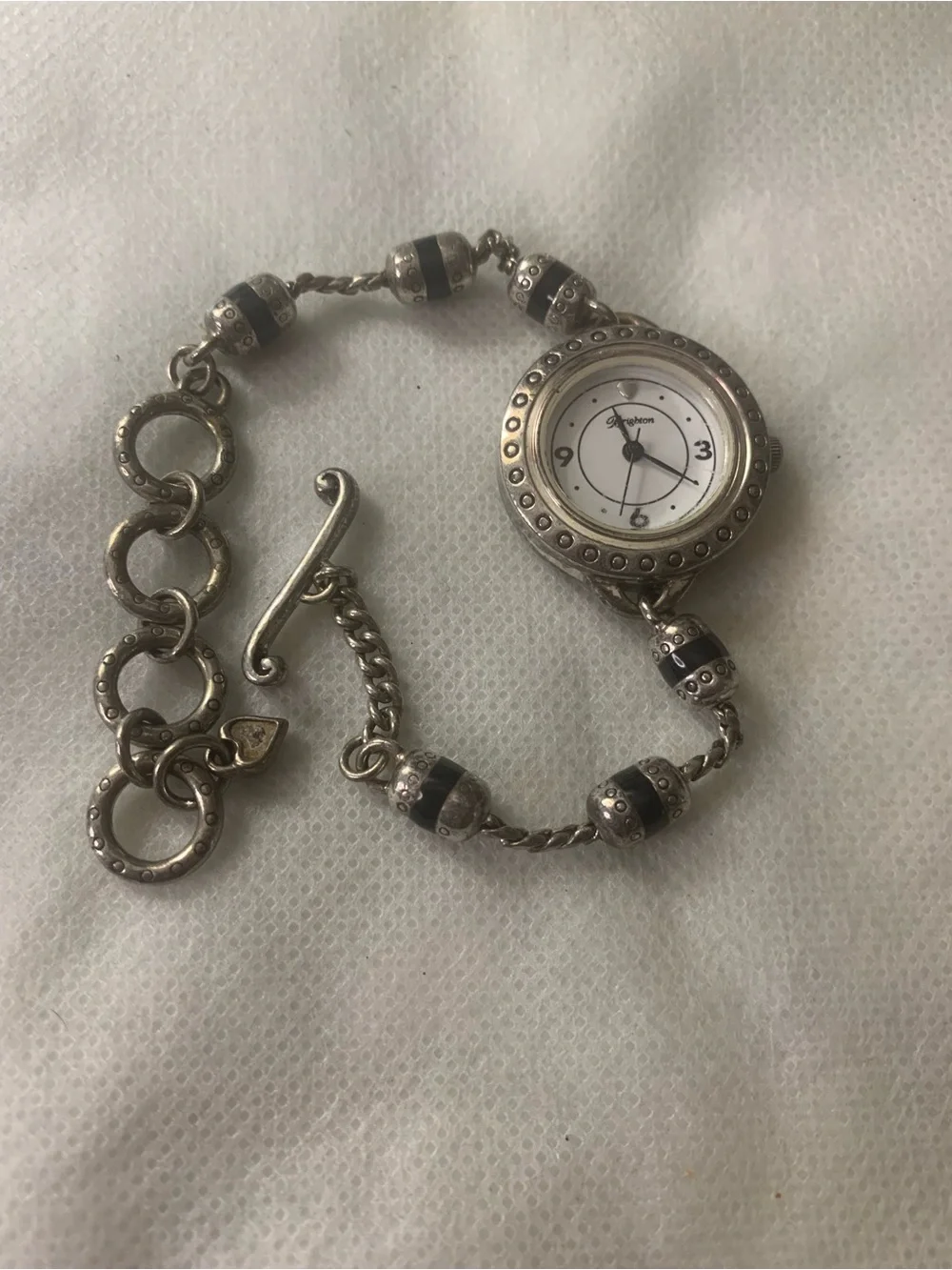 Brighton Silver-Tone Beaded Bracelet Watch with White Dial